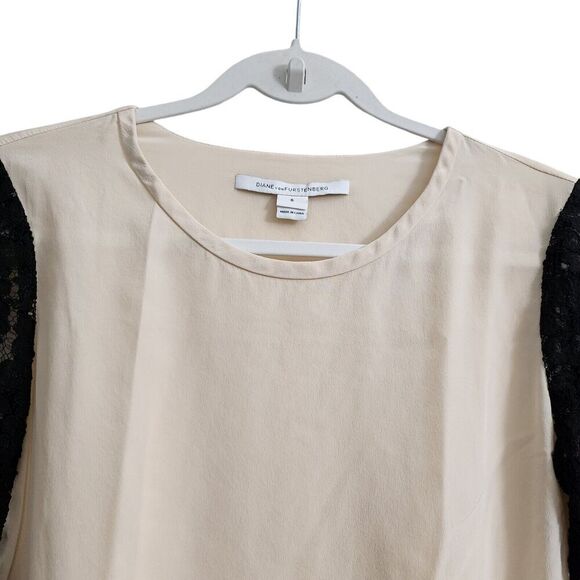 Diane Von Furstenberg Blouse 6 Cream‎ Louisa Black Lace Sleeve Silk DVF Top - Picture 3 of 11